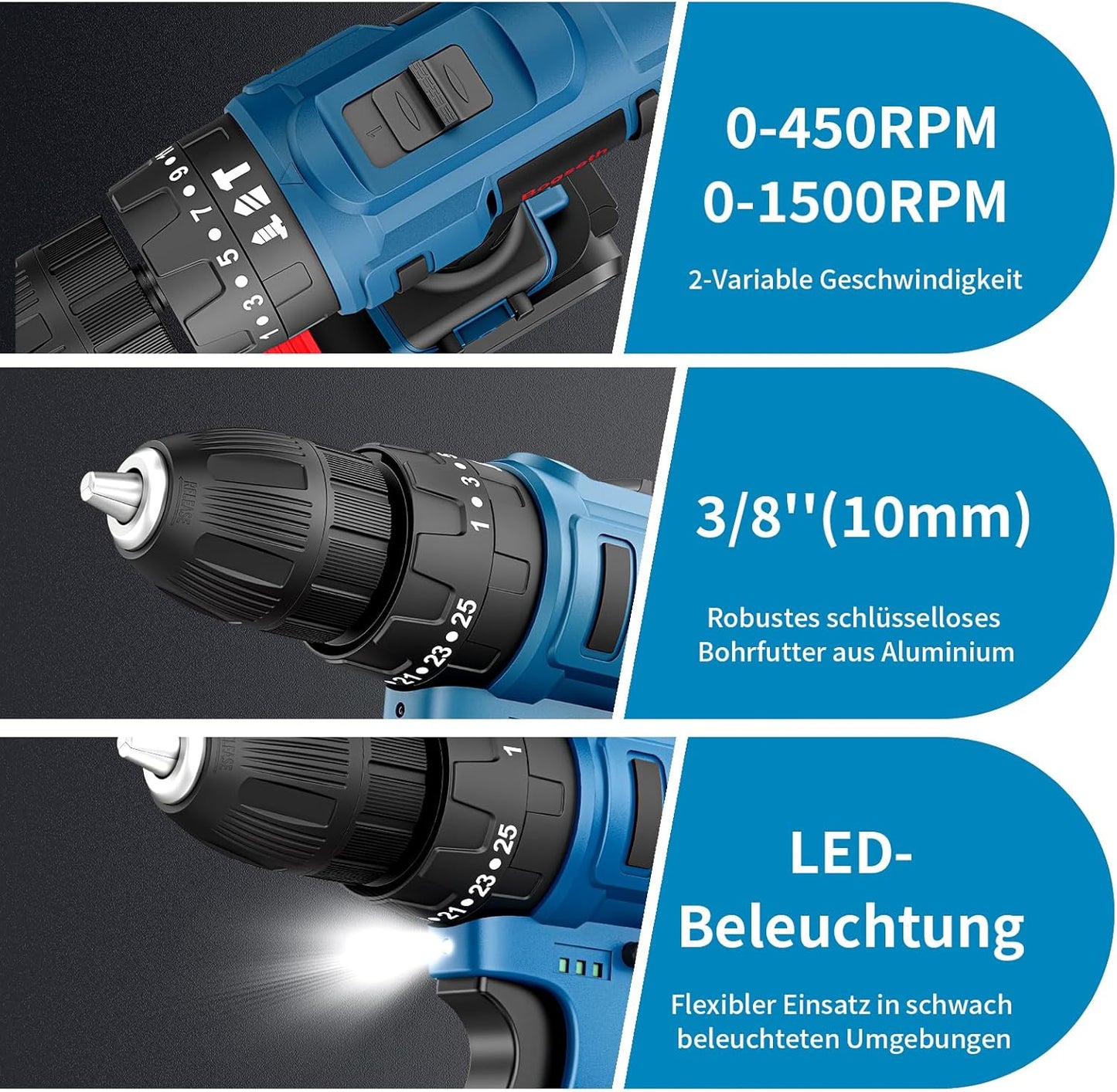 Bogseth 21 V Cordless Screwdriver Set, Cordless Drill with 112 Pieces Tool Case, 45 N.m Max Battery Drill with 2 x 2000 mAh Batteries, 2 Gears, 25 + 3 Torque Levels, LED Light, for Home and Garden DIY