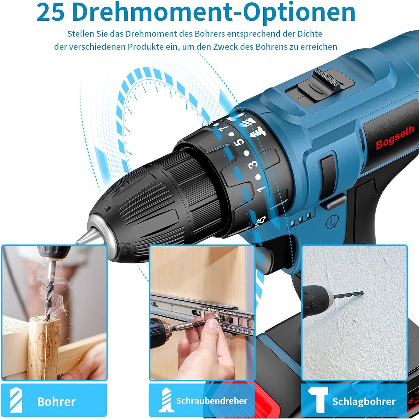 Bogseth 21 V Cordless Screwdriver Set, Cordless Drill with 112 Pieces Tool Case, 45 N.m Max Battery Drill with 2 x 2000 mAh Batteries, 2 Gears, 25 + 3 Torque Levels, LED Light, for Home and Garden DIY