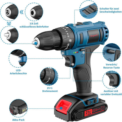 Bogseth 21 V Cordless Screwdriver Set, Cordless Drill with 112 Pieces Tool Case, 45 N.m Max Battery Drill with 2 x 2000 mAh Batteries, 2 Gears, 25 + 3 Torque Levels, LED Light, for Home and Garden DIY