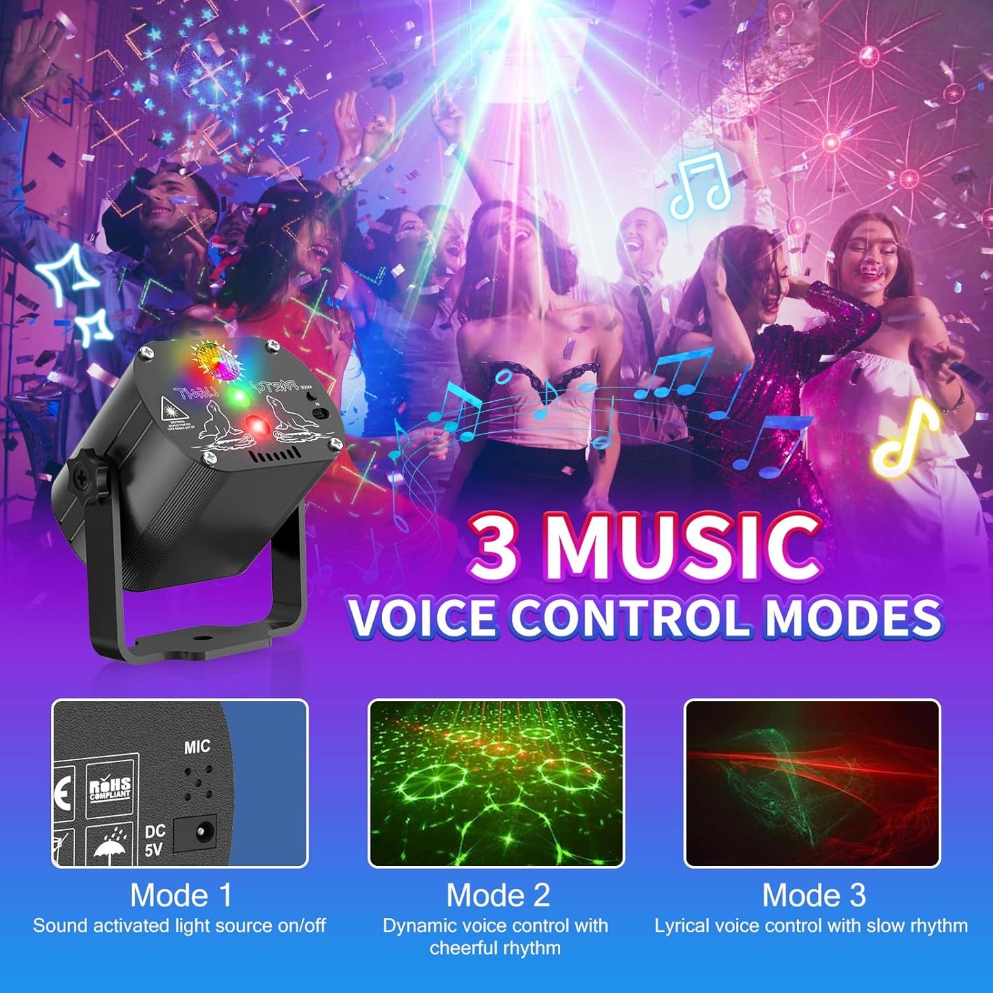 Tyonto Disco Ball, Music Controlled Disco Light, Party Light, 60 Different Patterns, Strobe Effect Party Light with Remote Control and 2 m USB for Family Disco Party Light Children Party Club Birthday [Energy Class E]