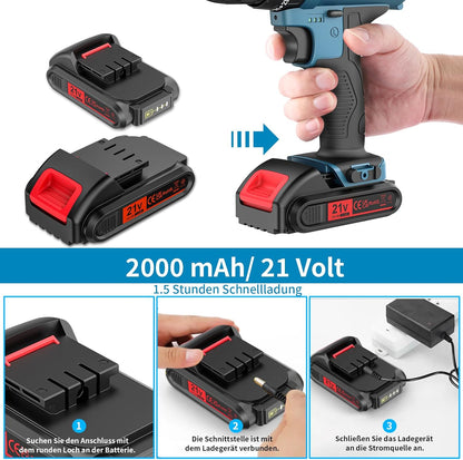 Bogseth 21 V Cordless Screwdriver Set, Cordless Drill with 112 Pieces Tool Case, 45 N.m Max Battery Drill with 2 x 2000 mAh Batteries, 2 Gears, 25 + 3 Torque Levels, LED Light, for Home and Garden DIY