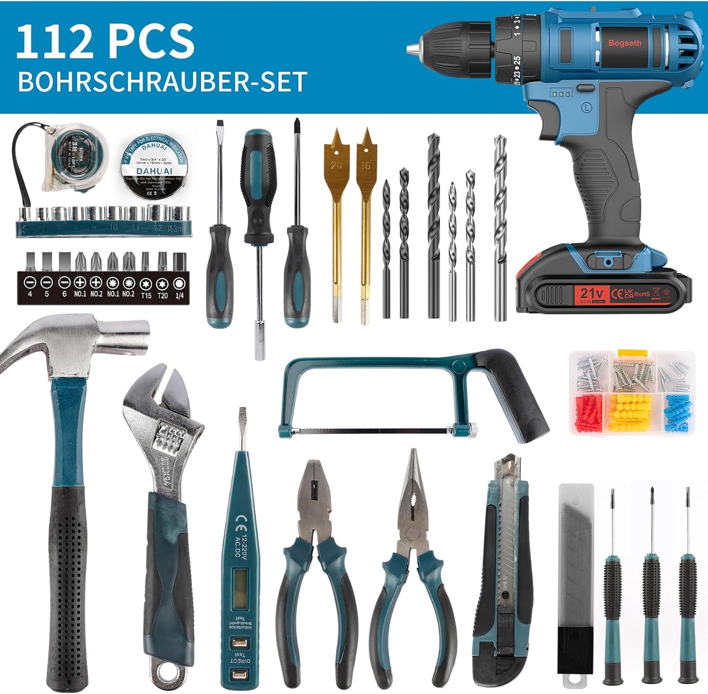 Bogseth 21 V Cordless Screwdriver Set, Cordless Drill with 112 Pieces Tool Case, 45 N.m Max Battery Drill with 2 x 2000 mAh Batteries, 2 Gears, 25 + 3 Torque Levels, LED Light, for Home and Garden DIY