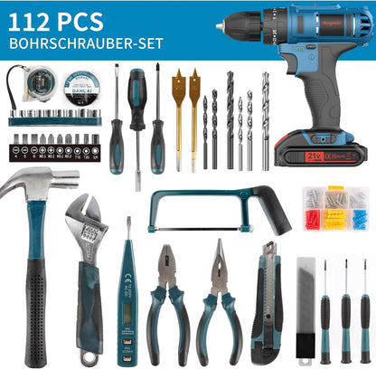 Bogseth 21 V Cordless Screwdriver Set, Cordless Drill with 112 Pieces Tool Case, 45 N.m Max Battery Drill with 2 x 2000 mAh Batteries, 2 Gears, 25 + 3 Torque Levels, LED Light, for Home and Garden DIY